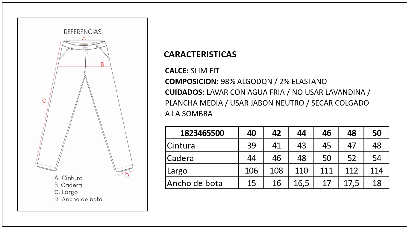 Tabla de Talles Pantal&oacute;n Chino Slim Hombre Britches